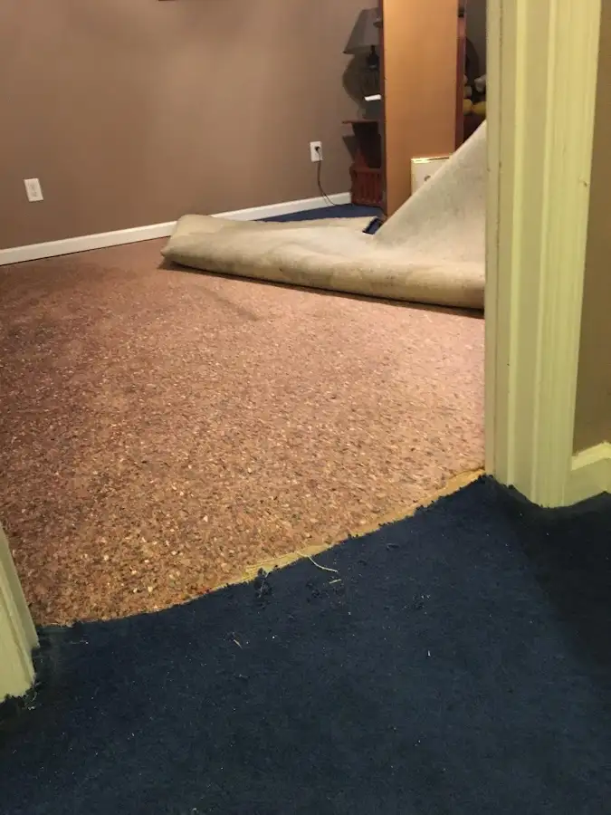 Carpet pad removal revealing water damage during Drying & Dehumidification in Crown Point